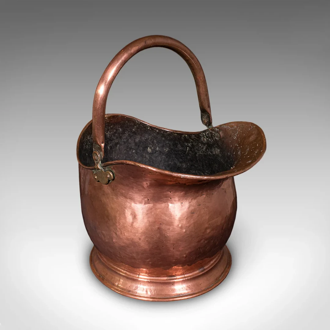 Antique Helmet Coal Scuttle, English, Copper, Fireplace Fuel Keeper, Victorian