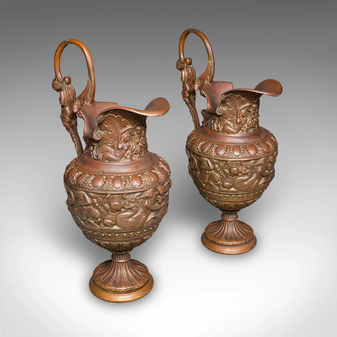 Pair of Antique Display Urns, Italian, Bronze, Ewer, Grand Tour Decor