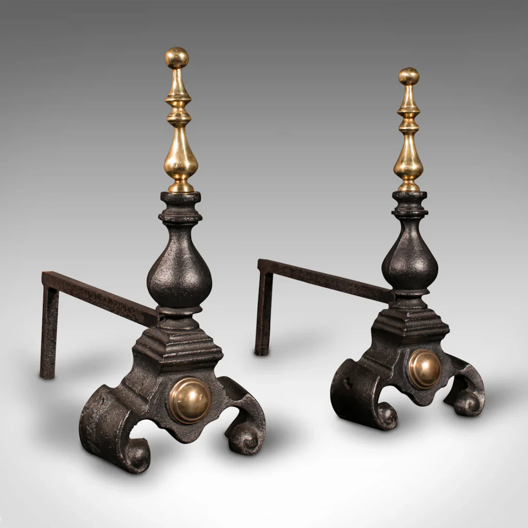 Pair, Antique Fireside Tool Rests, English, Cast Iron, Brass, Andiron