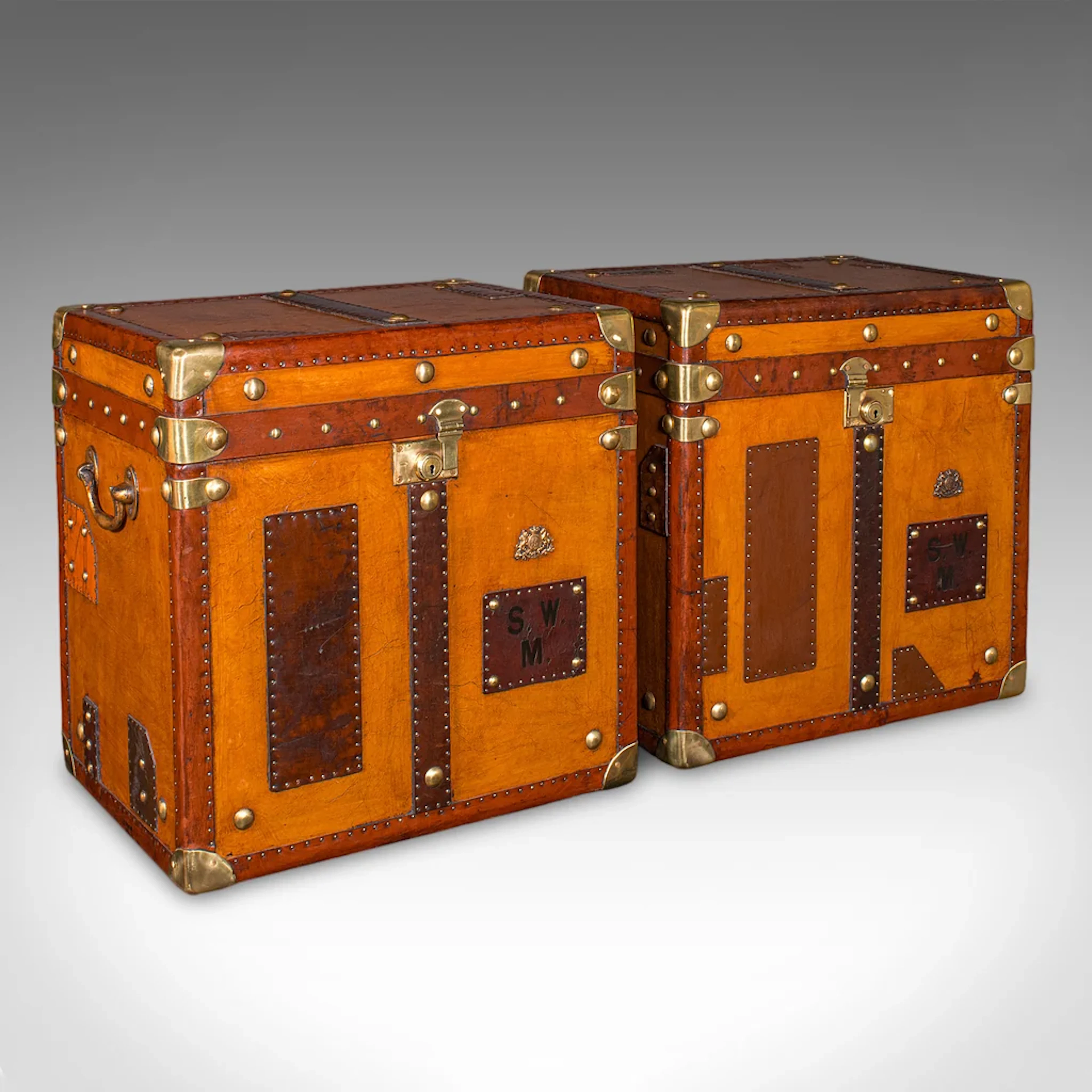 Pair of Late Vintage Luggage Cases, English Leather, Trunk, Nightstand