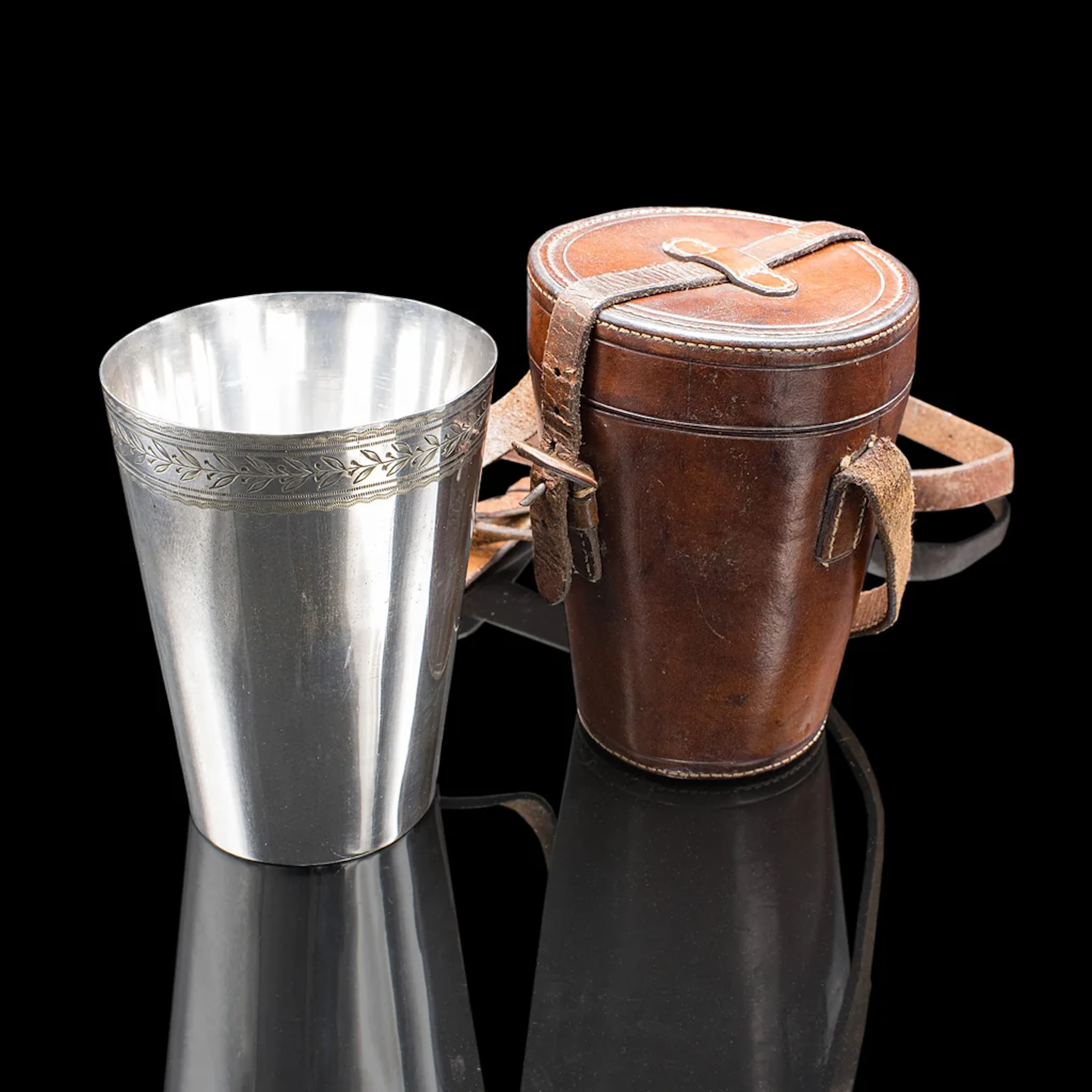 Antique Explorer's Beaker Case, English, Silver Plate, Leather Sleeve