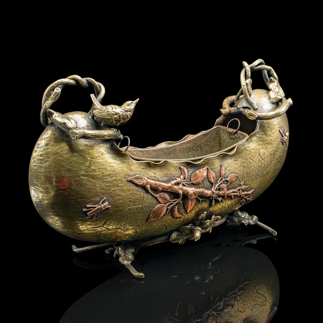 Antique Decorative Planter Dish, Japanese, Brass, Copper, Jardiniere, Victorian