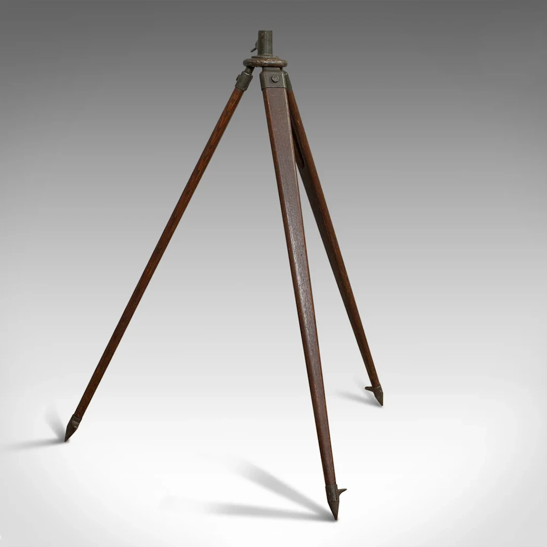 Vintage Telescope Tripod, English, Oak, Bronze, Support Stand, 20th Century