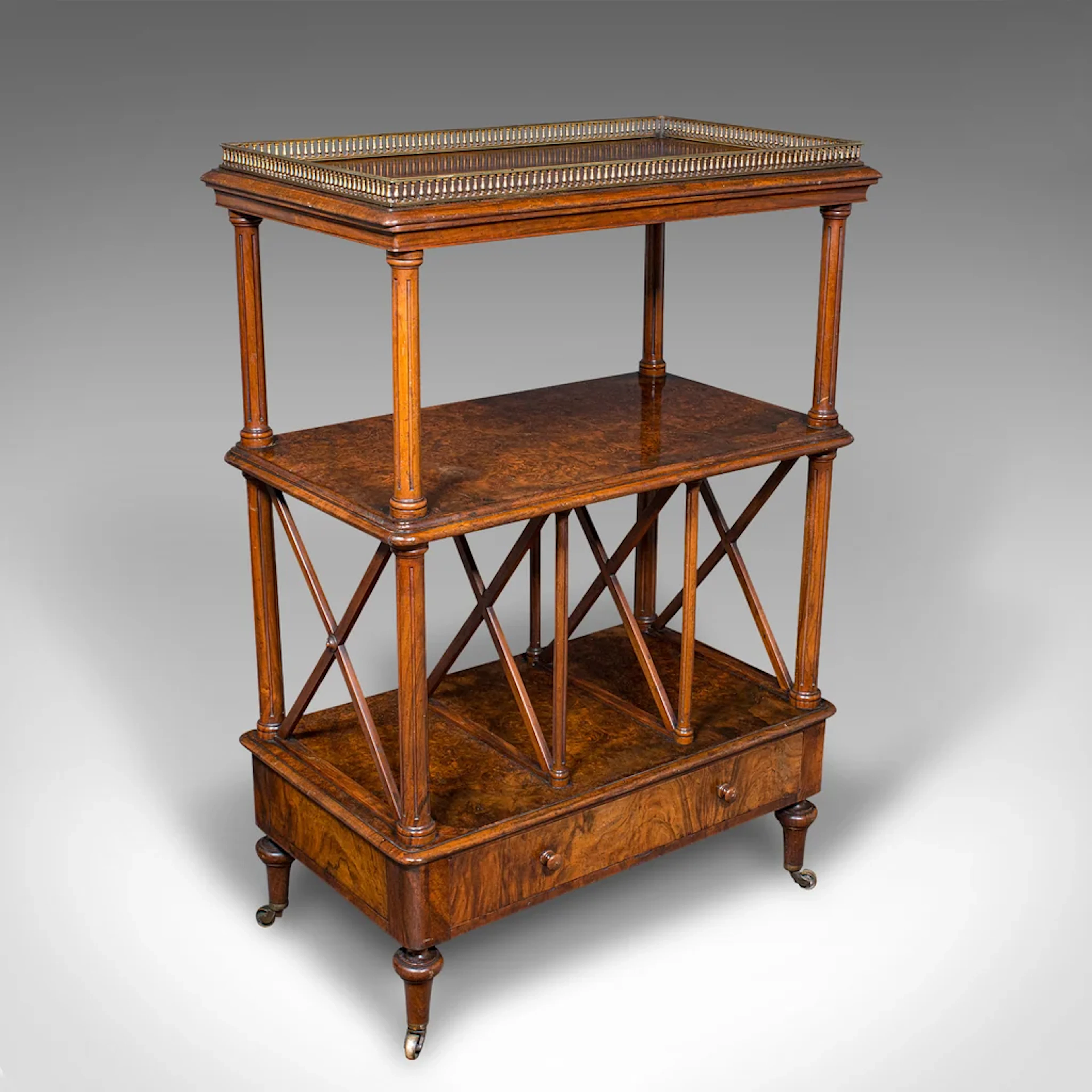 Antique Canterbury Whatnot, English Burr Walnut, Display Stand, Etagere