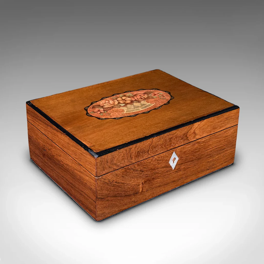 Antique Sorrentoware Keepsake Box, Italian Walnut Dressing Table Case