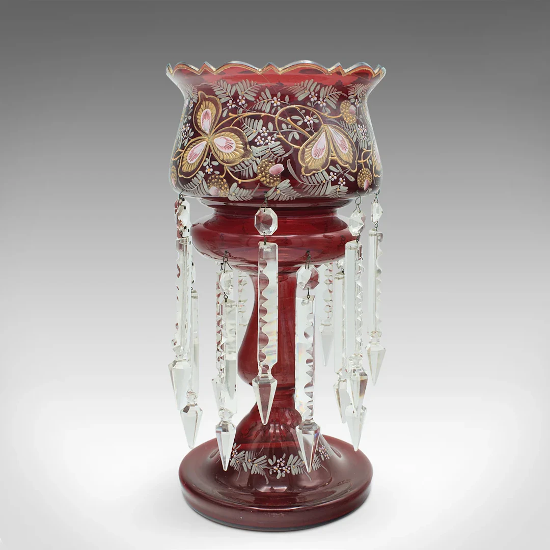 Antique Cranberry Lustre, English, Crystal, Decorative, Candle Lamp, Victorian