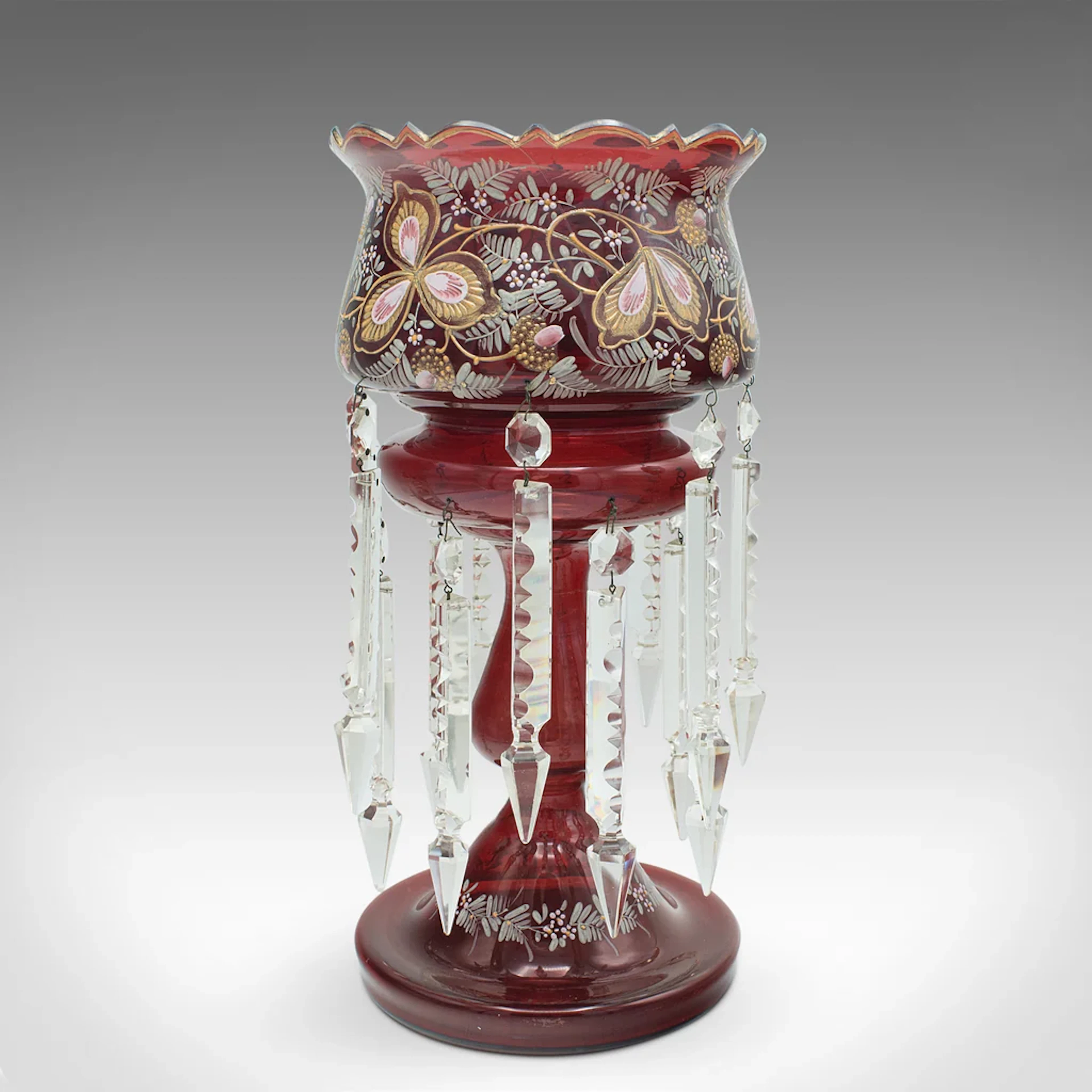 Antique Cranberry Lustre, English, Crystal, Decorative, Candle Lamp, Victorian