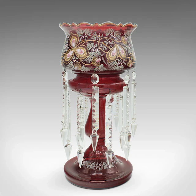 Antique Cranberry Lustre, English, Crystal, Decorative, Candle Lamp, Victorian