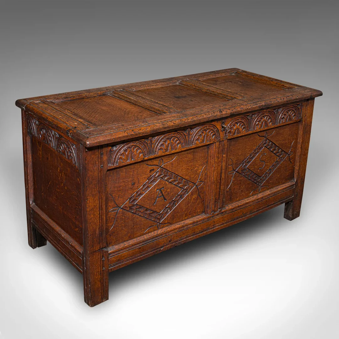 Antique Carved Coffer, English, Oak, Linen Chest, Window Seat, William
