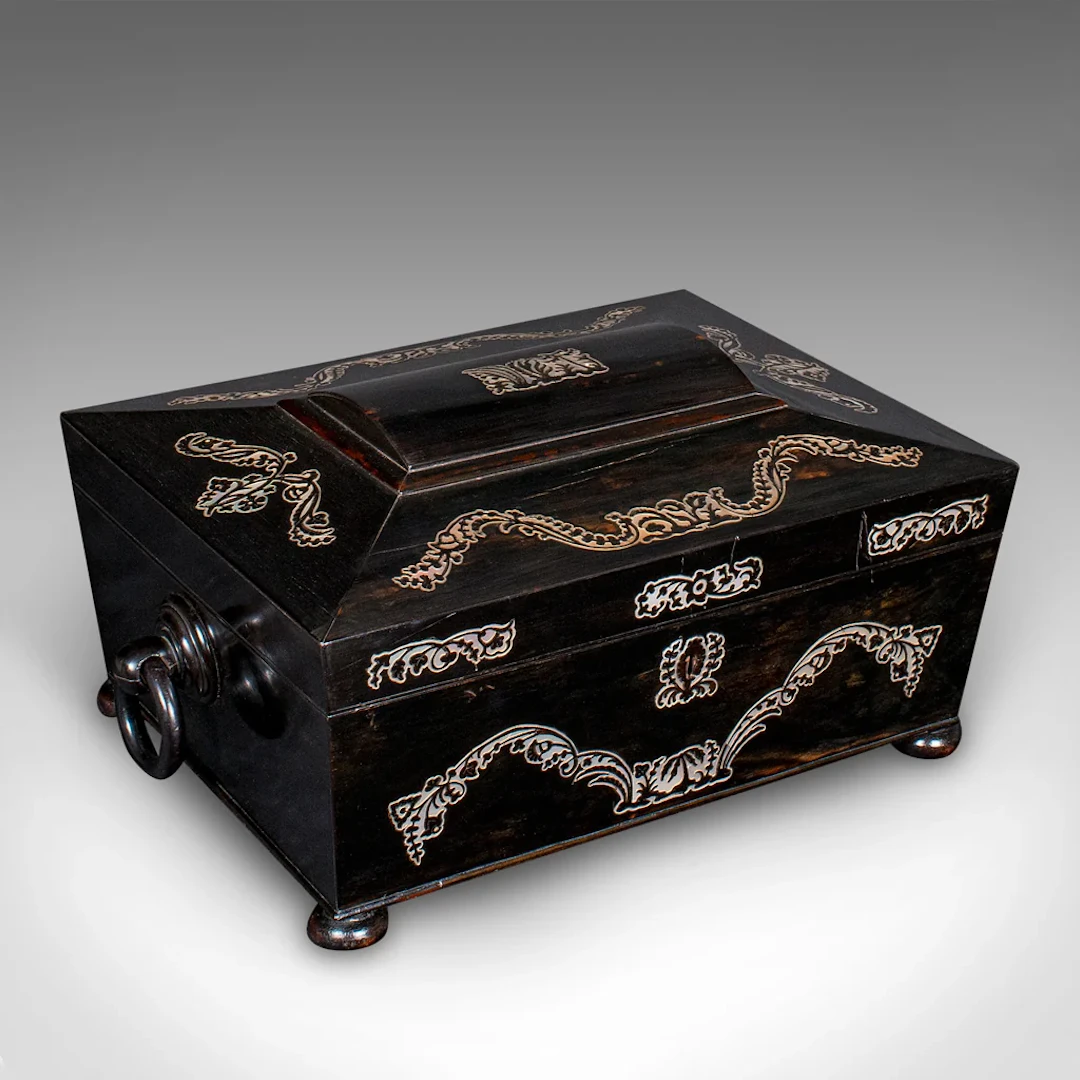 Antique Keepsake Box, English, Coromandel, Inlaid Stationery Case