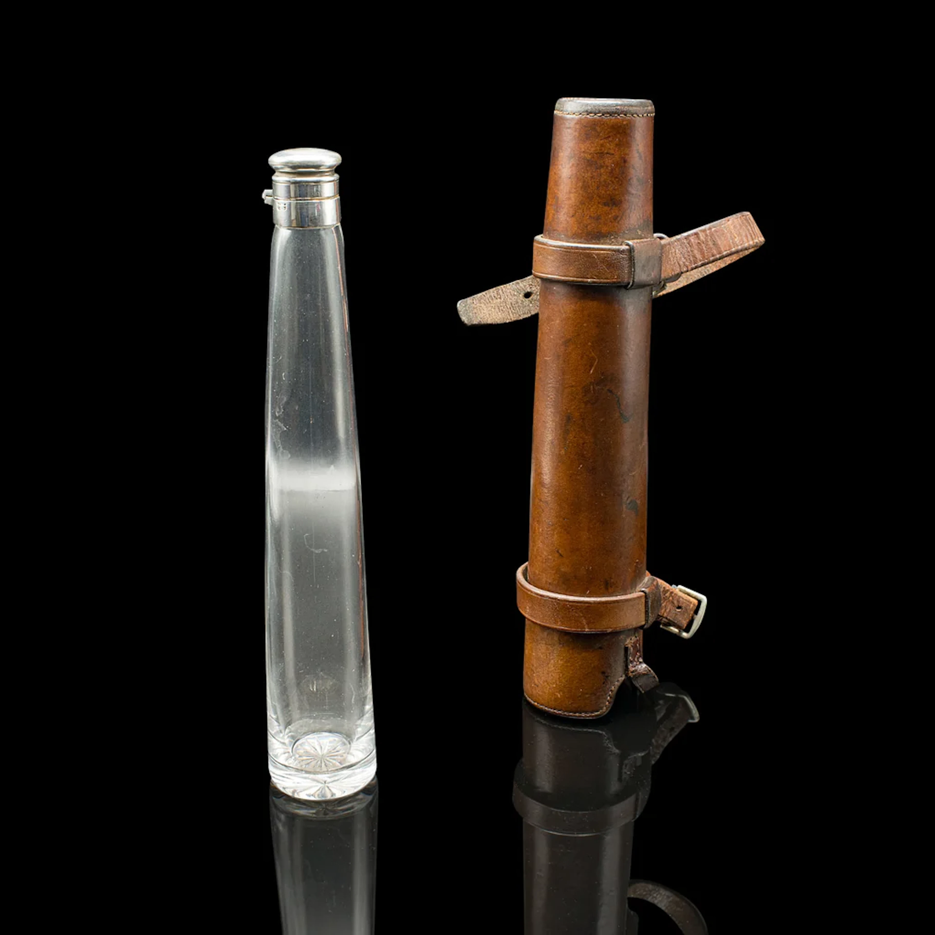 Antique Explorer's Saddle Flask, English, Glass Bottle, Leather Case, Edwardian