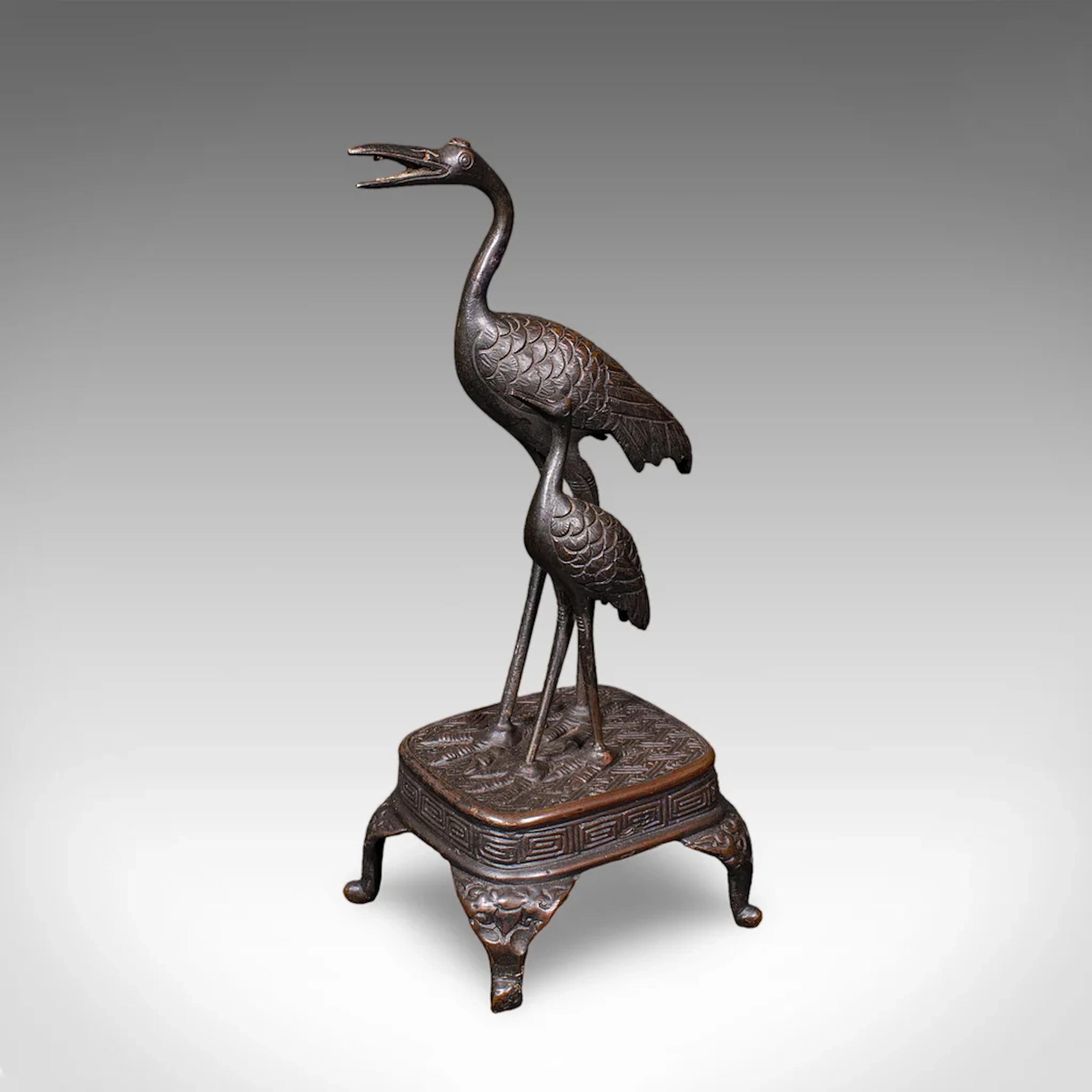Vintage Okimono Figure, Two Cranes, Japanese, Bronze, Bird Study