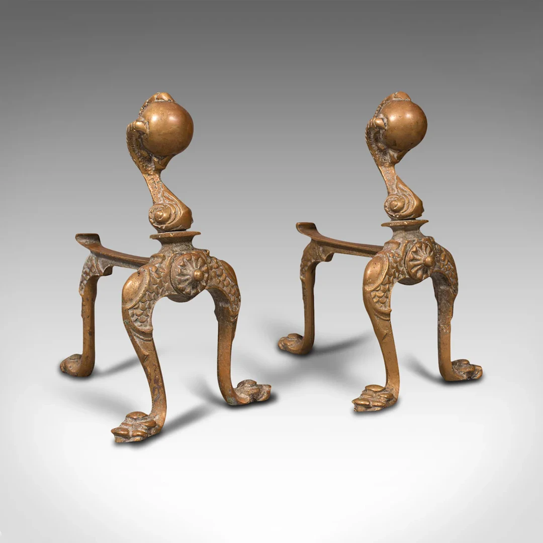 Pair, Antique Decorative Fireside Tool Rests, French, Brass, Andiron, Victorian