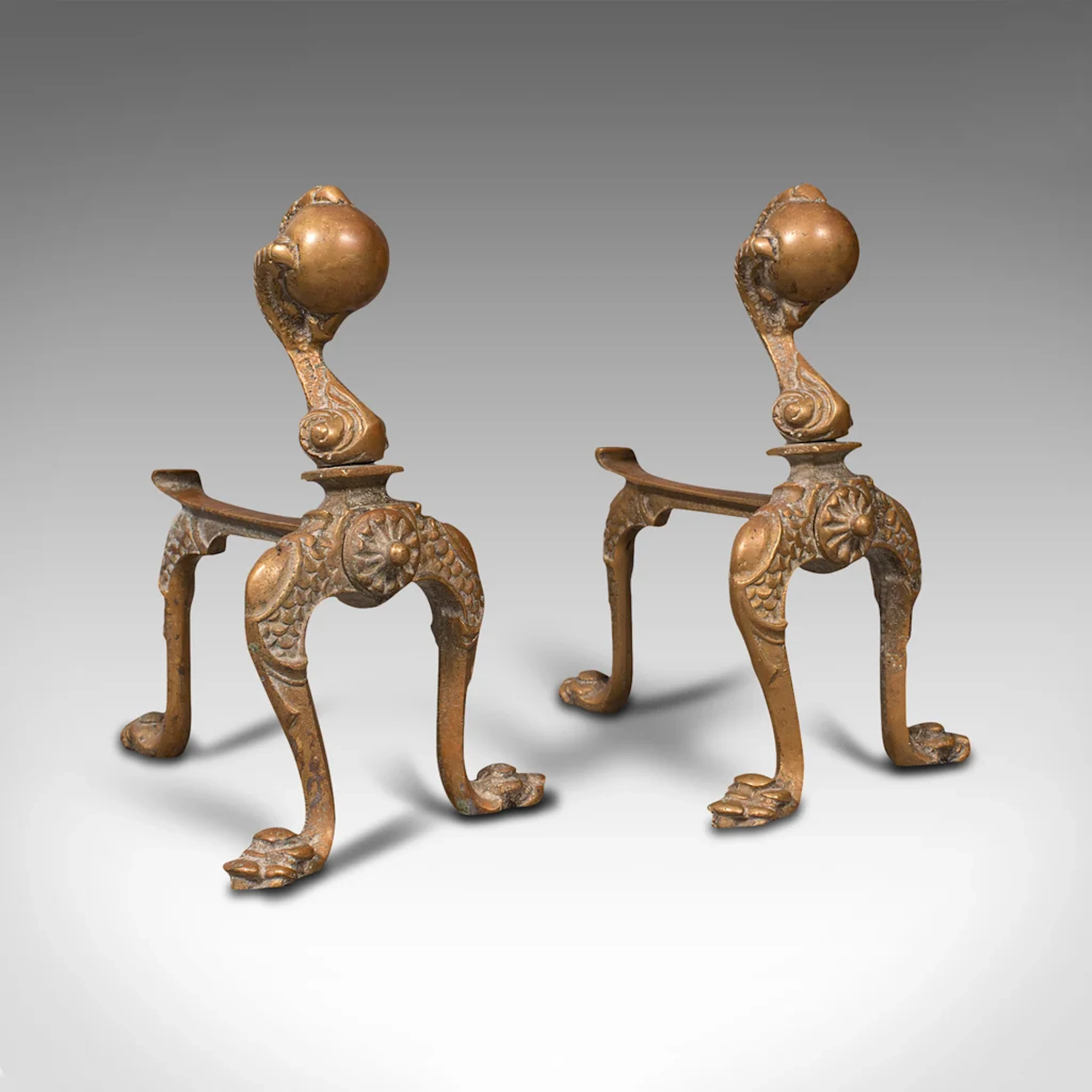 Pair, Antique Decorative Fireside Tool Rests, French, Brass, Andiron, Victorian