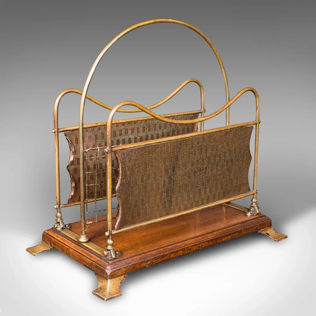 Antique Newspaper Rack, French, Brass, Copper, Walnut, Magazine Stand