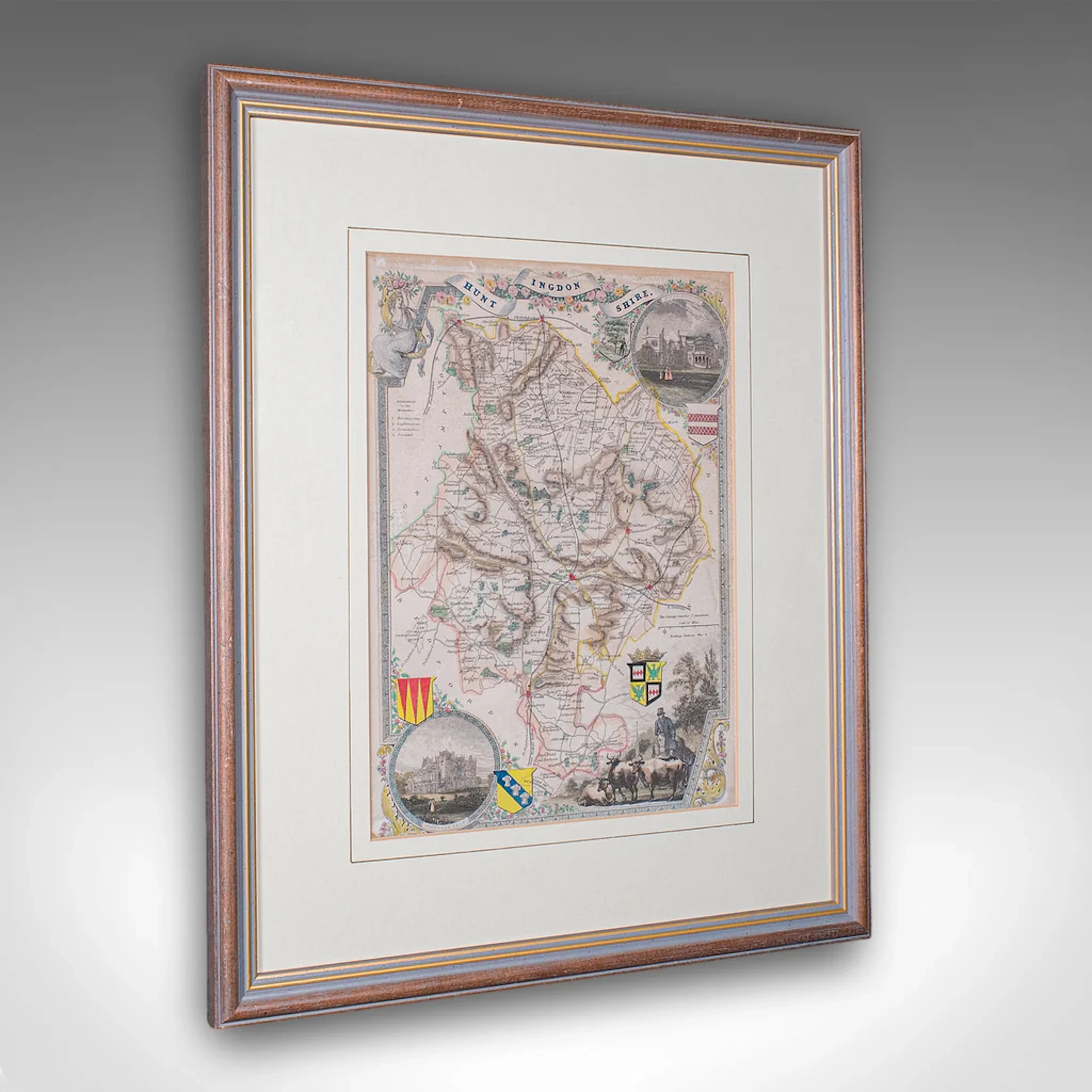 Antique County Map, Huntingdonshire, English, Framed, Moule, Atlas, Victorian