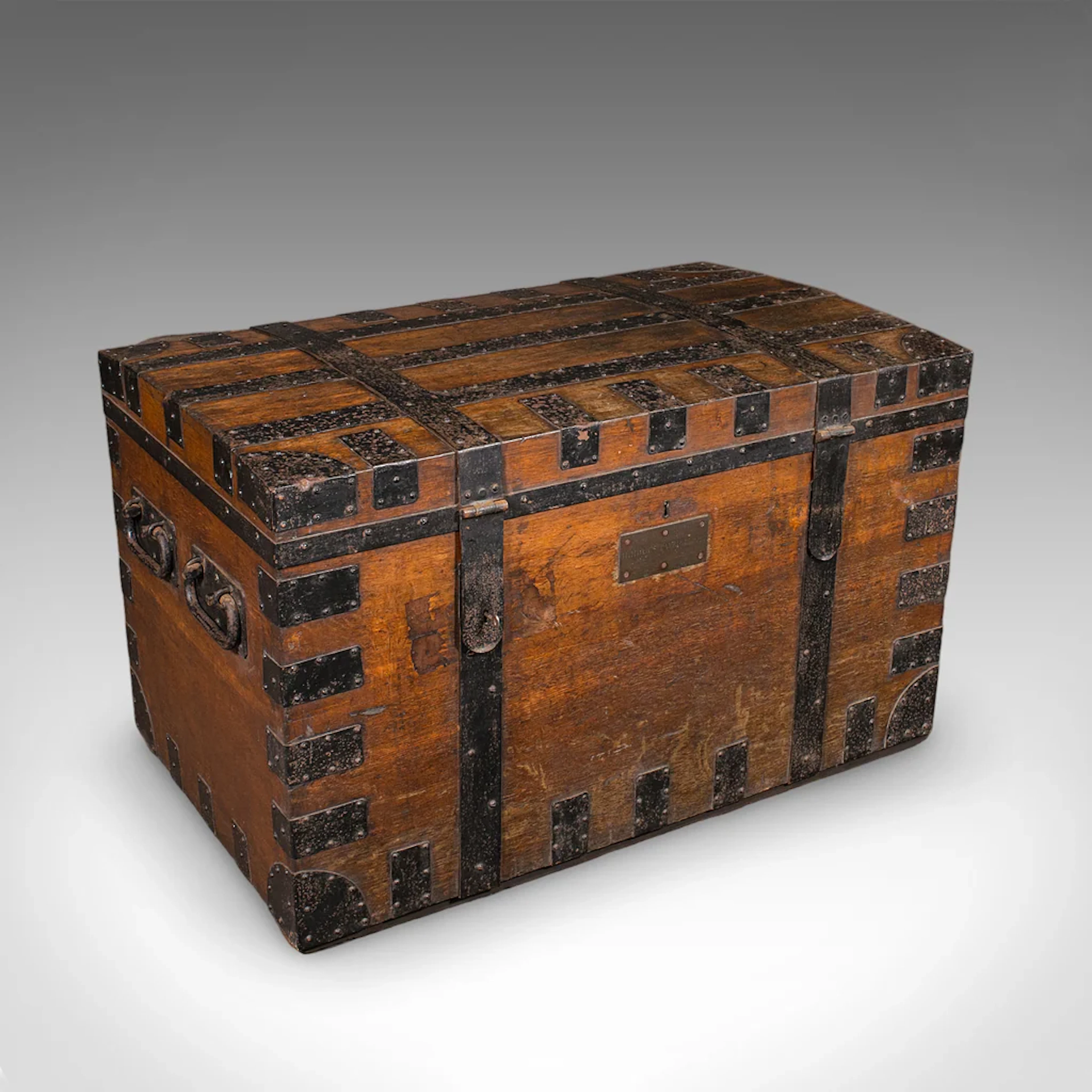 Large Antique Silver Chest, English, Oak, Iron Bound, Shipping Trunk, Victorian