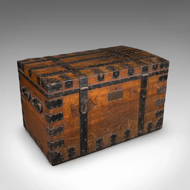 Large Antique Silver Chest, English, Oak, Iron Bound, Shipping Trunk, Victorian
