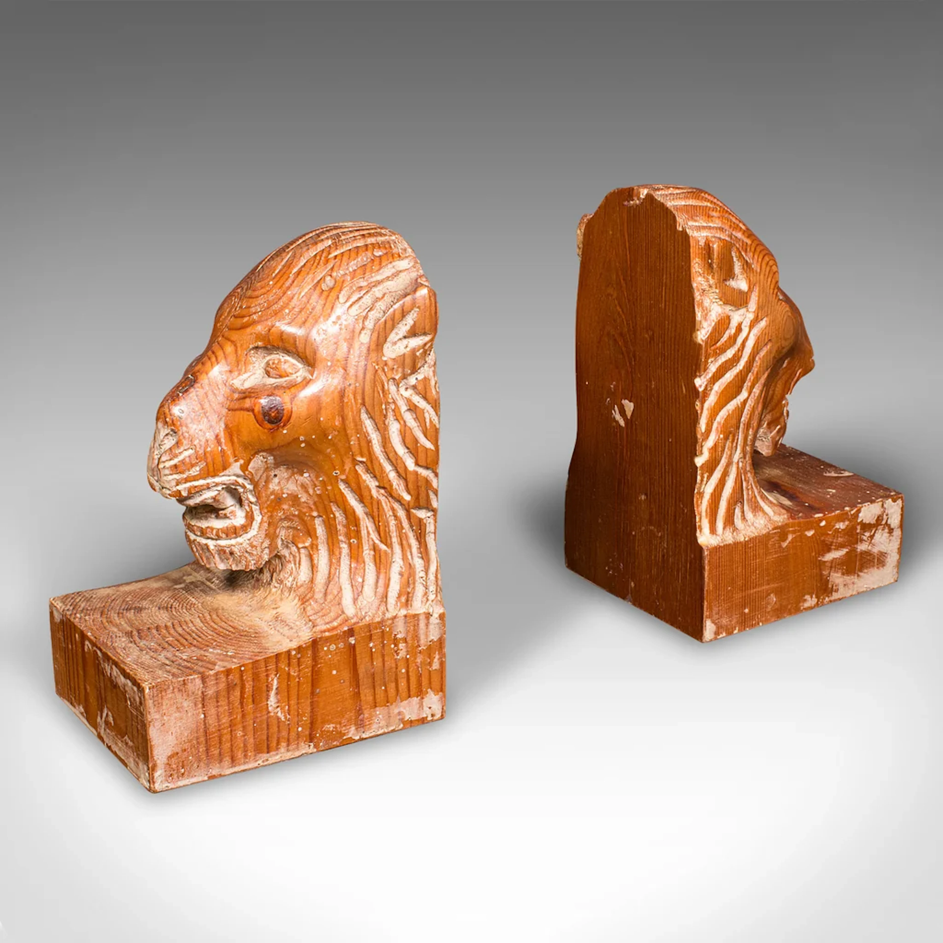 Pair of Antique Carved Lion Bookends, English Pine, Georgian Revival, Edwardian