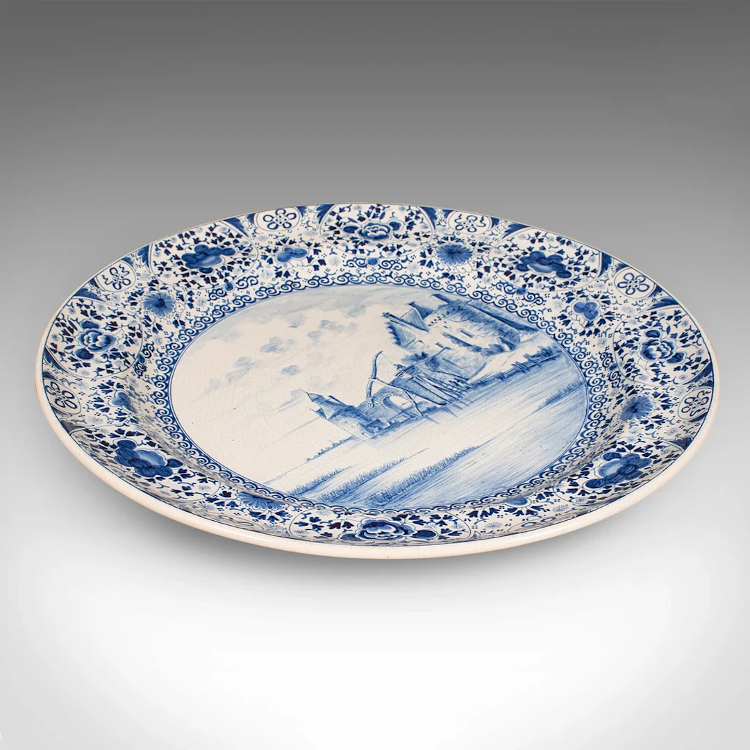 Large Antique Charger, Belgian, Ceramic, Serving Plate, Blue & White