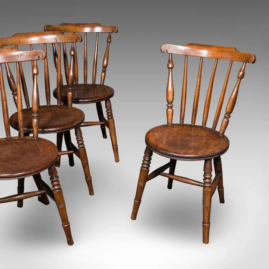 Set of 4 Antique Station Chairs, English Beech Dining Seat, Reception