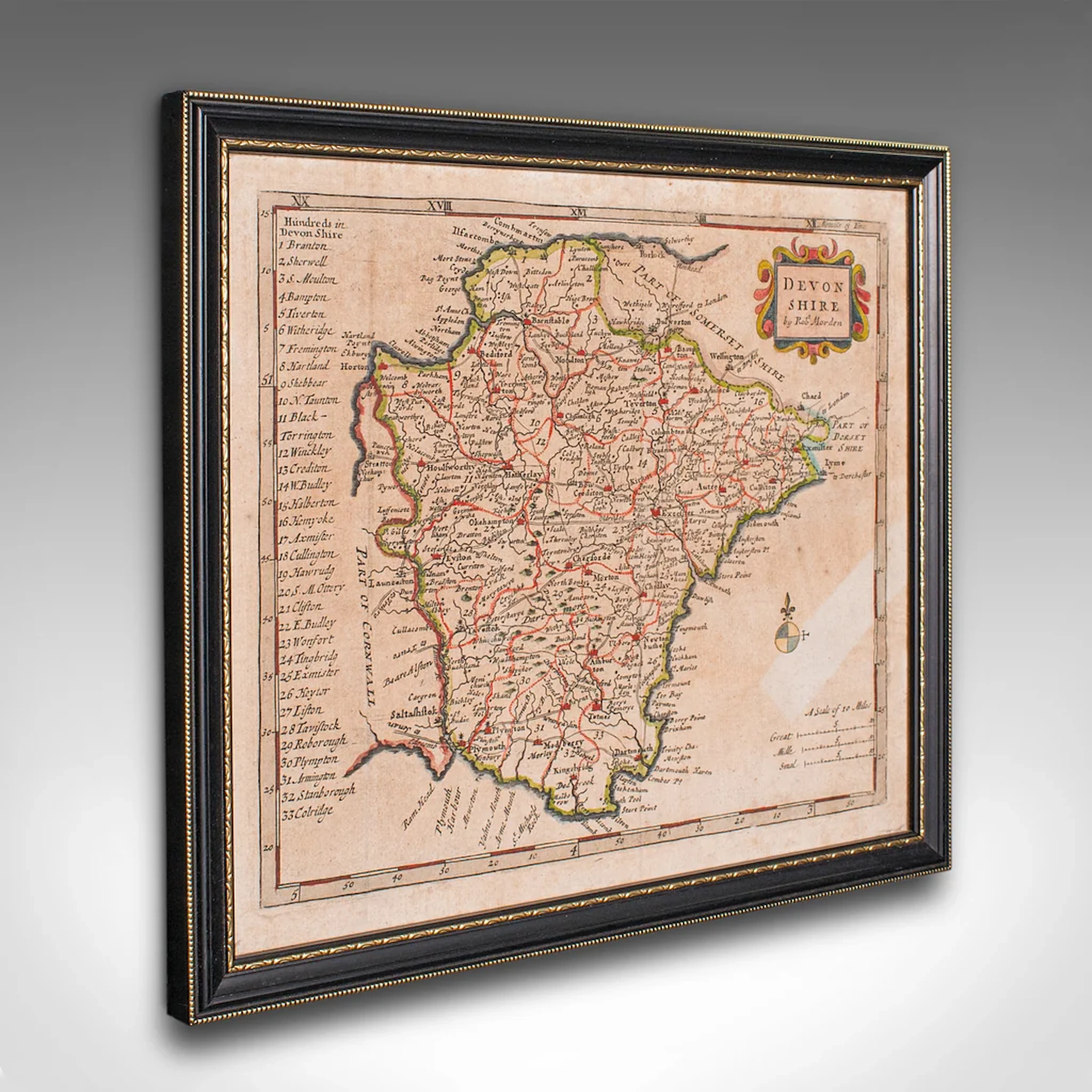 Antique Devonshire Map, English Framed Robert Morden Devon Cartography