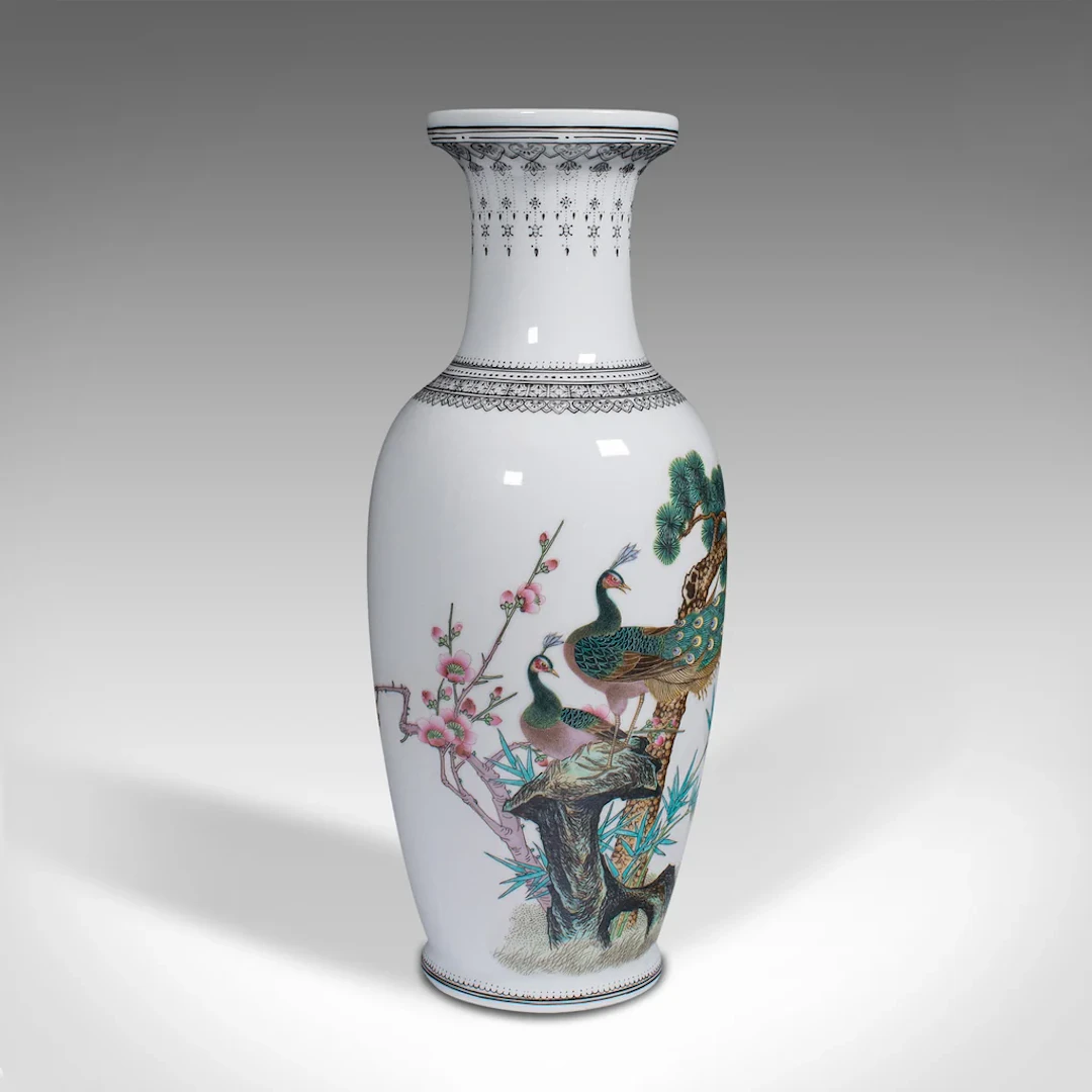 Vintage Decorative Posy Vase, Chinese, Ceramic Flower Urn, Peacock
