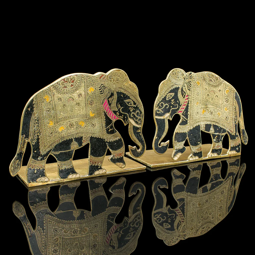 Pair of Antique Elephant Bookends, Indian Brass Decorative Book Rests