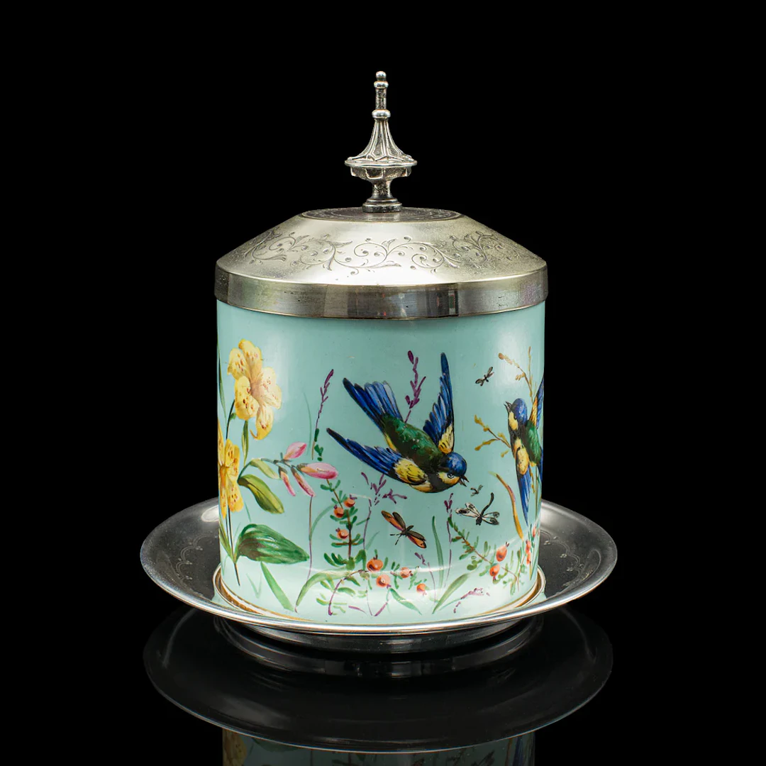 Antique Biscuit Barrel, English, Ceramic, Silver Plate, Kitchen Jar, Victorian