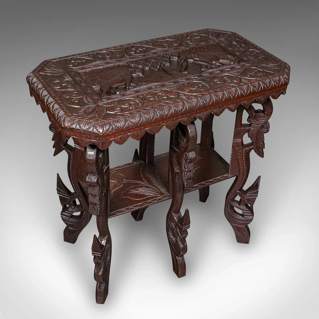 Antique Carved Side Table, Indian, Teak, Lamp, Side, Tray, Occasional