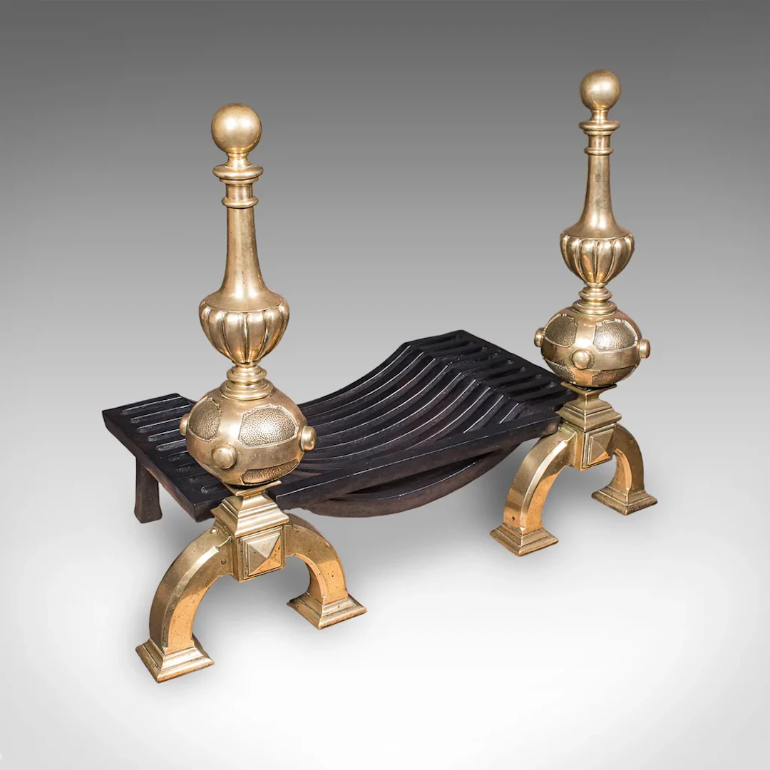 Grand Antique Fireplace Set, English Iron Fire Basket, Brass Andirons