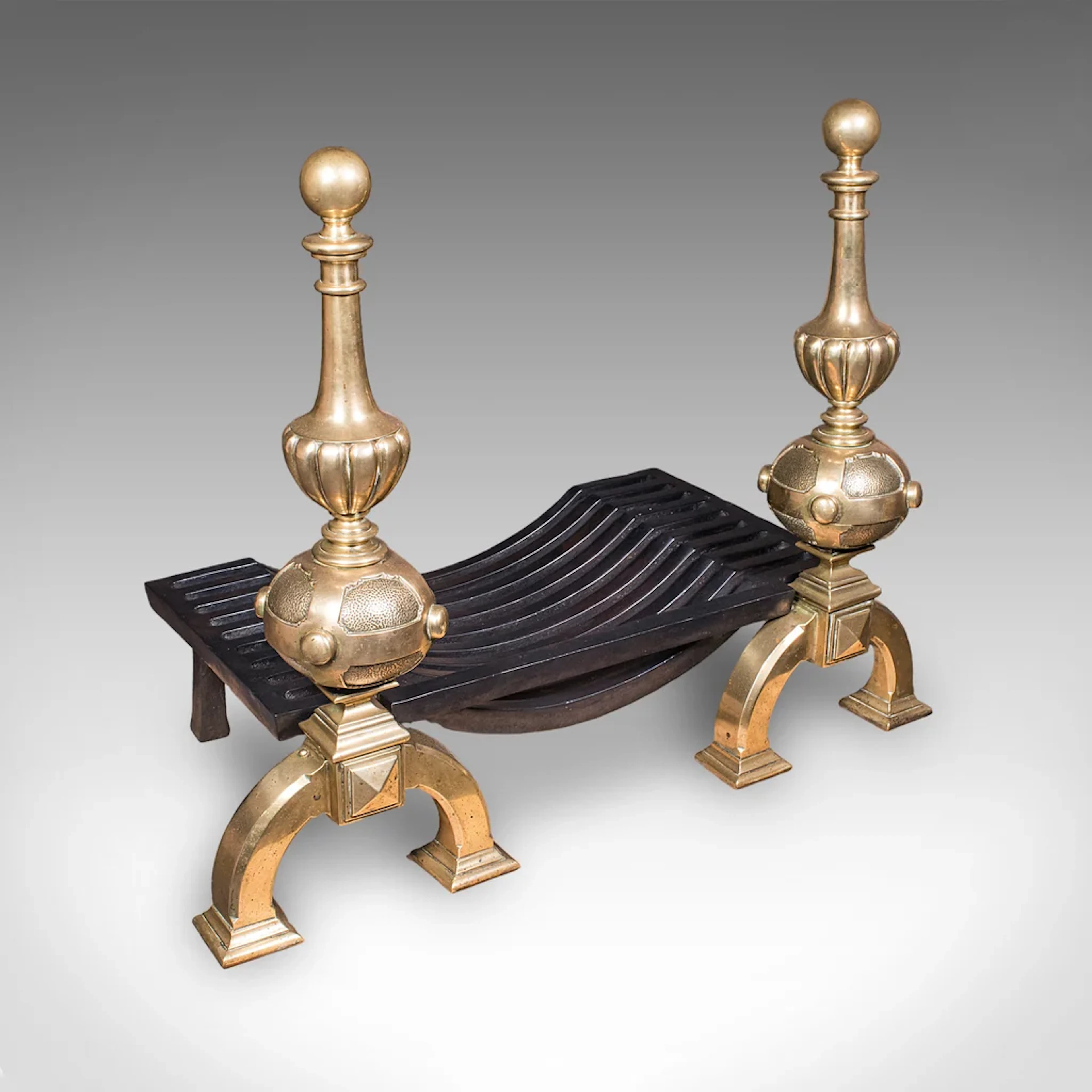 Grand Antique Fireplace Set, English Iron Fire Basket, Brass Andirons