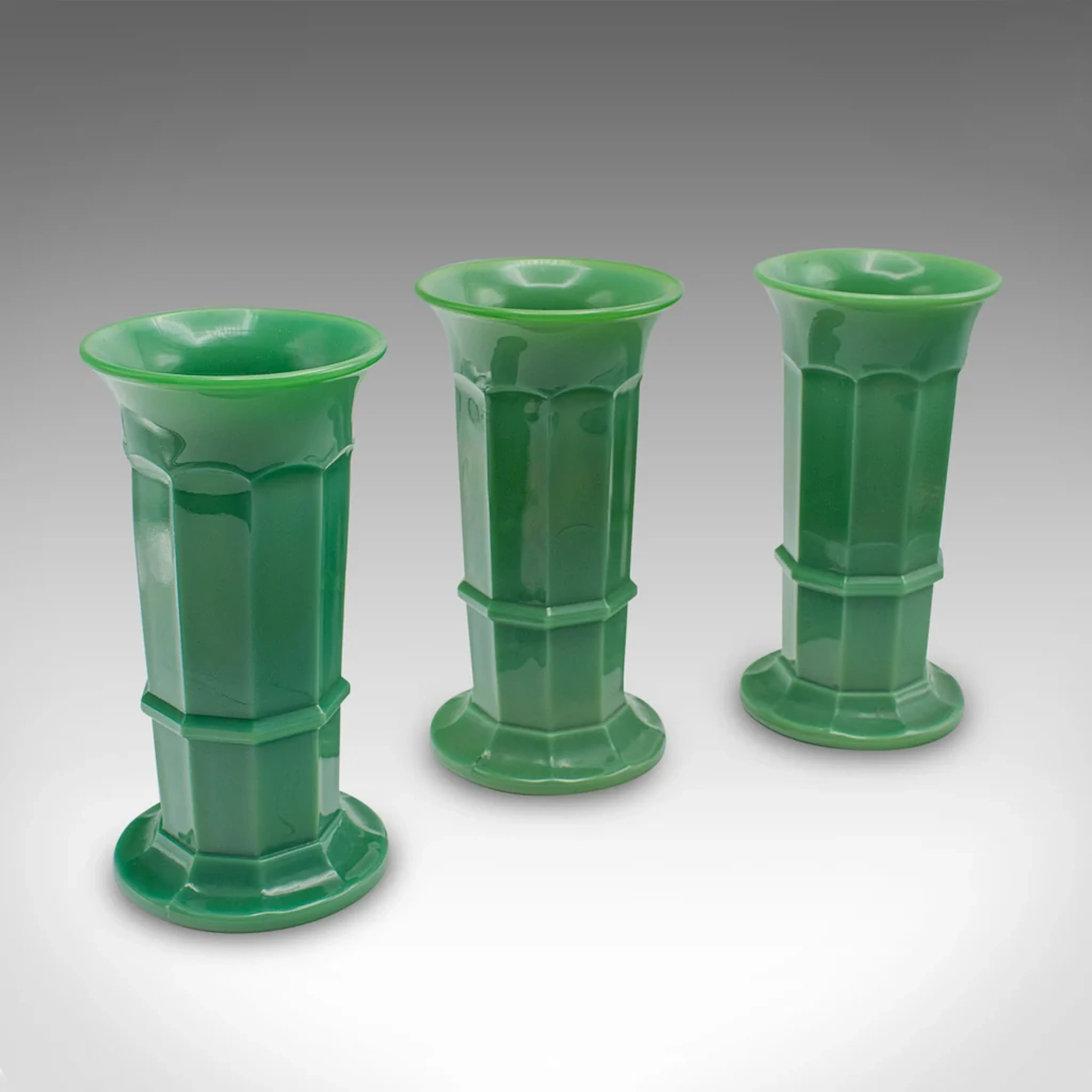 Trio Of Vintage Flower Vases, English, Glass, Candle Stand, Art Deco
