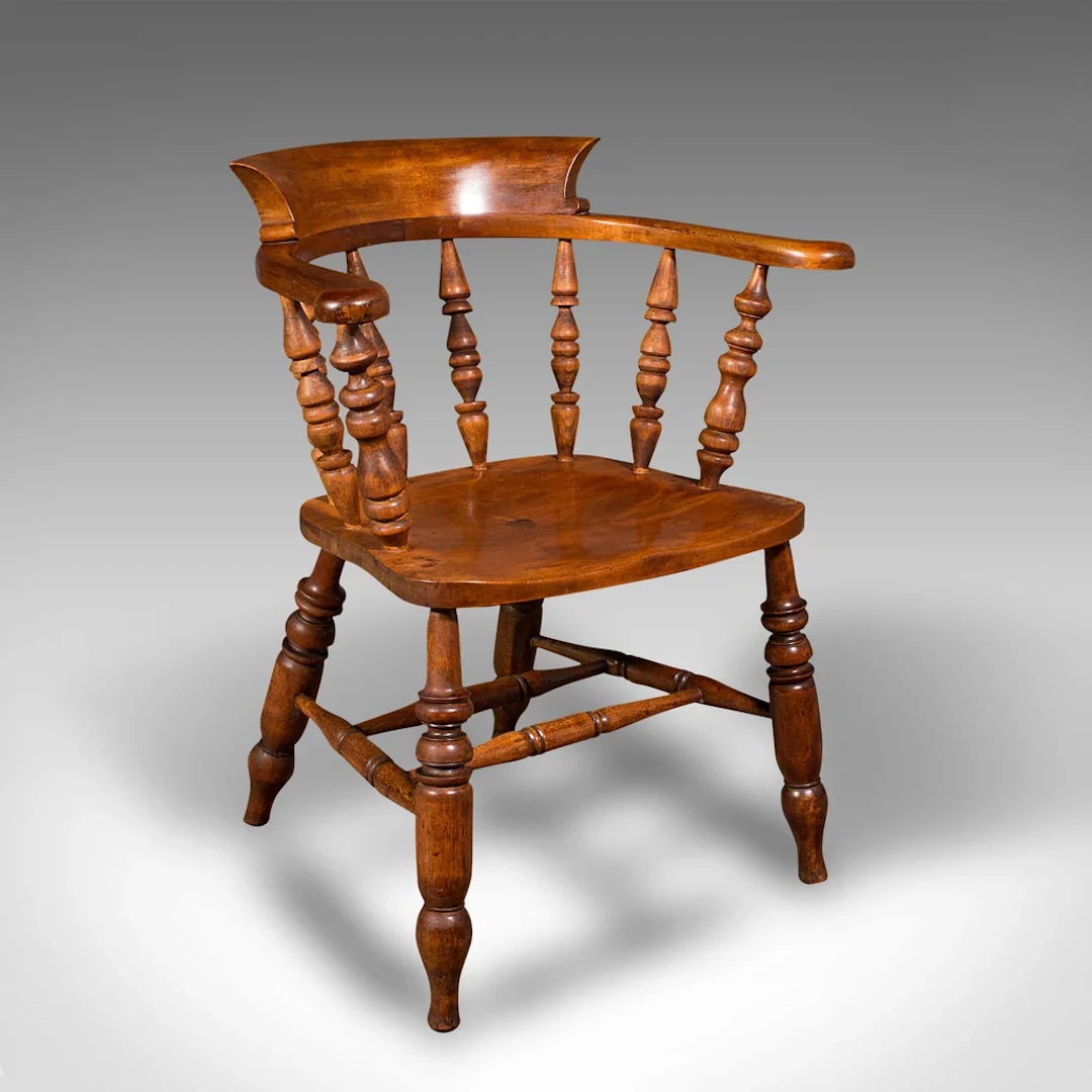 Antique Elbow Chair, English, Beech, Smoker's Bow, Captain Seat, Victorian