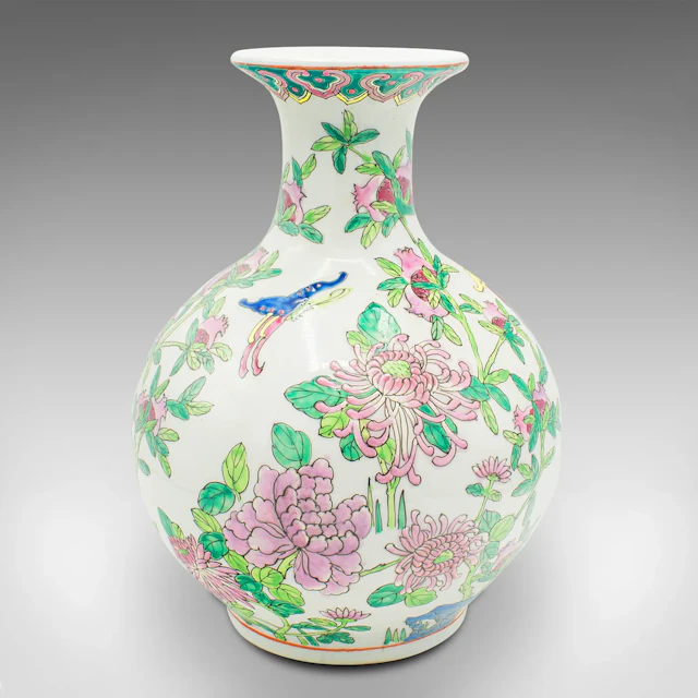 Vintage Art Deco Vase, Chinese, Ceramic, Baluster, Polychrome Finish
