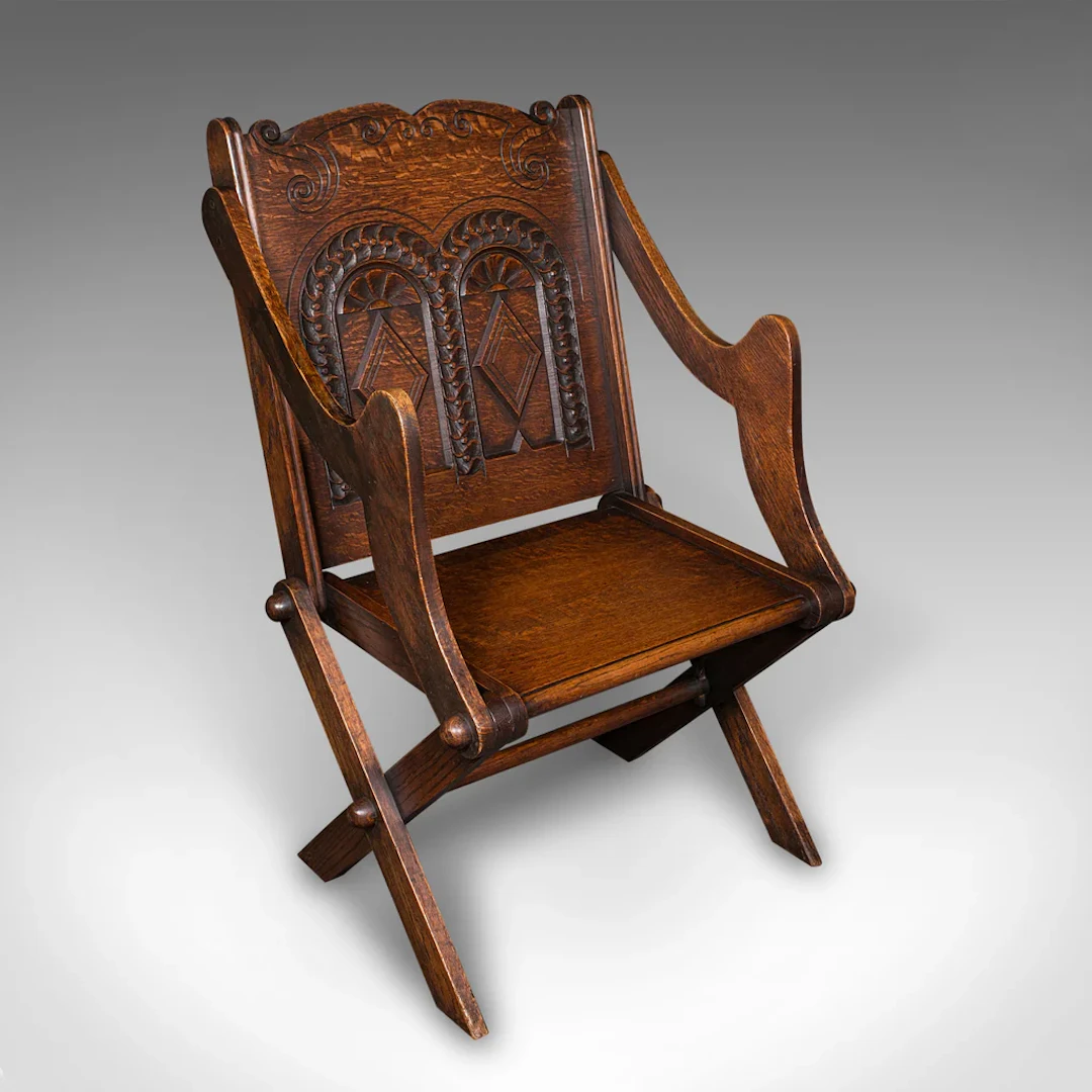 Antique Glastonbury Chair, Welsh Oak, Gothic Revival Elbow Seat, Victorian