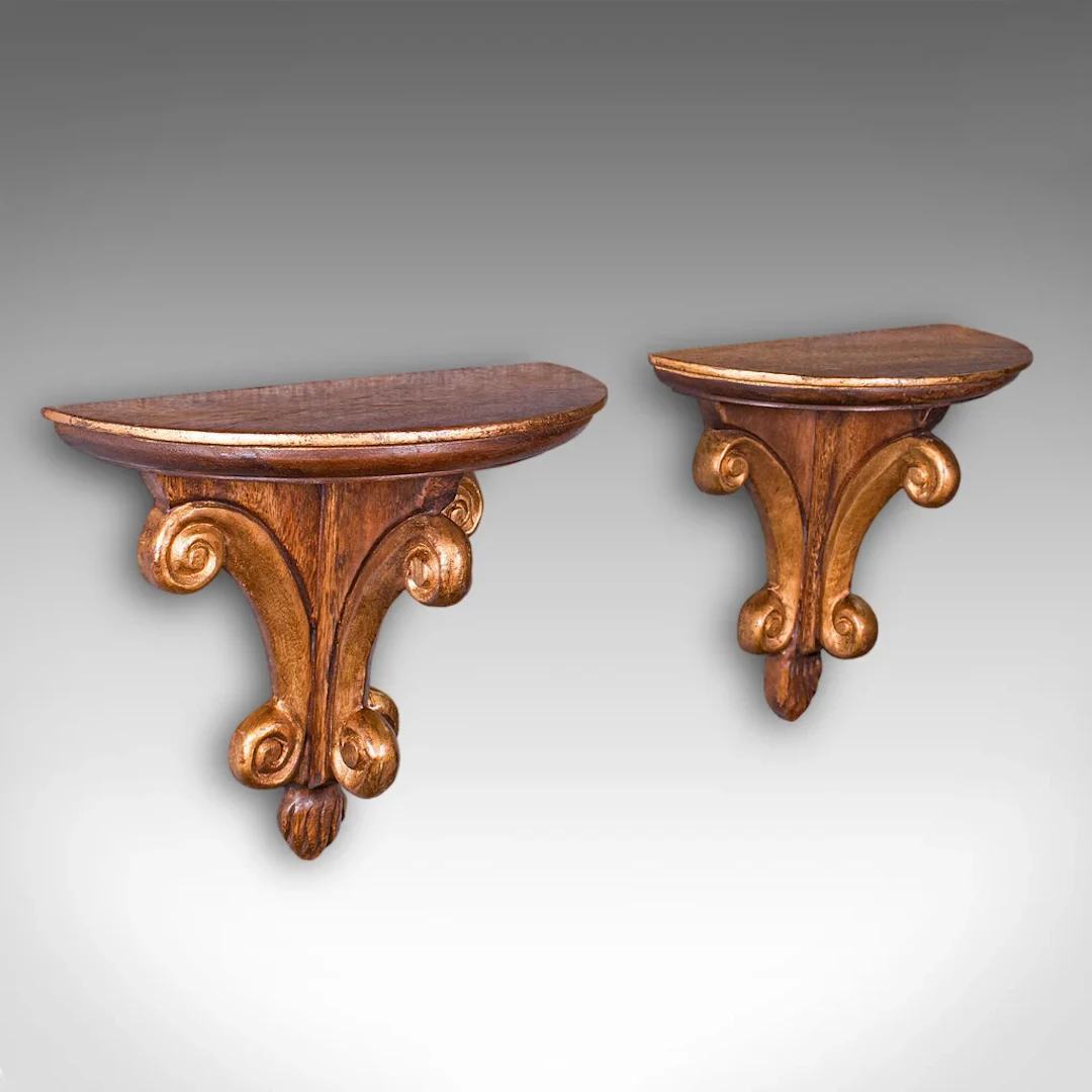 Pair of Vintage Decorative Wall Brackets, English, Clock Shelf, Italianate