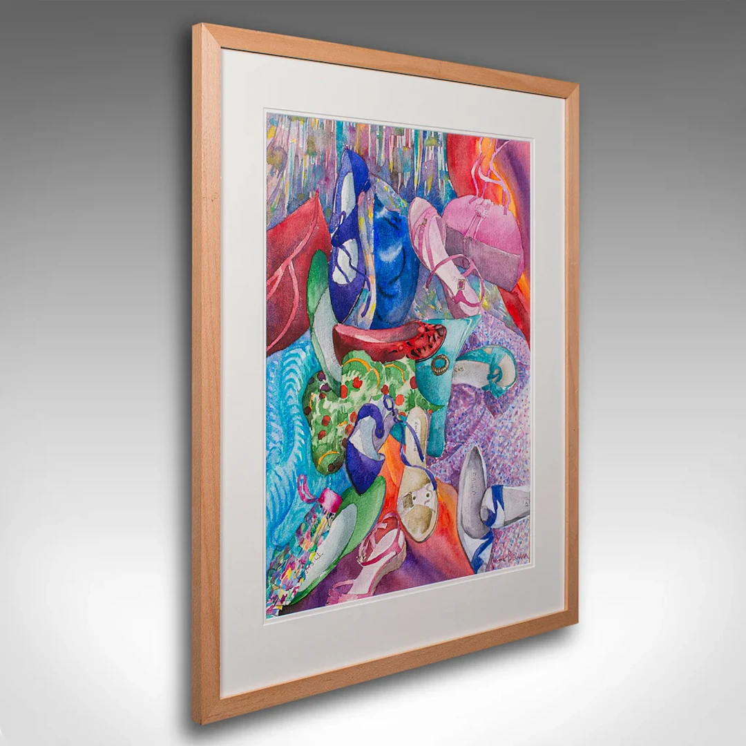 Vintage Fashion Watercolour, English, Framed Painting, Signed Art, Circa 1990
