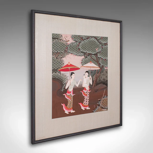 Vintage Folk Art Painting, Thai School, Framed Gouache, Far Eastern Taste, 1980