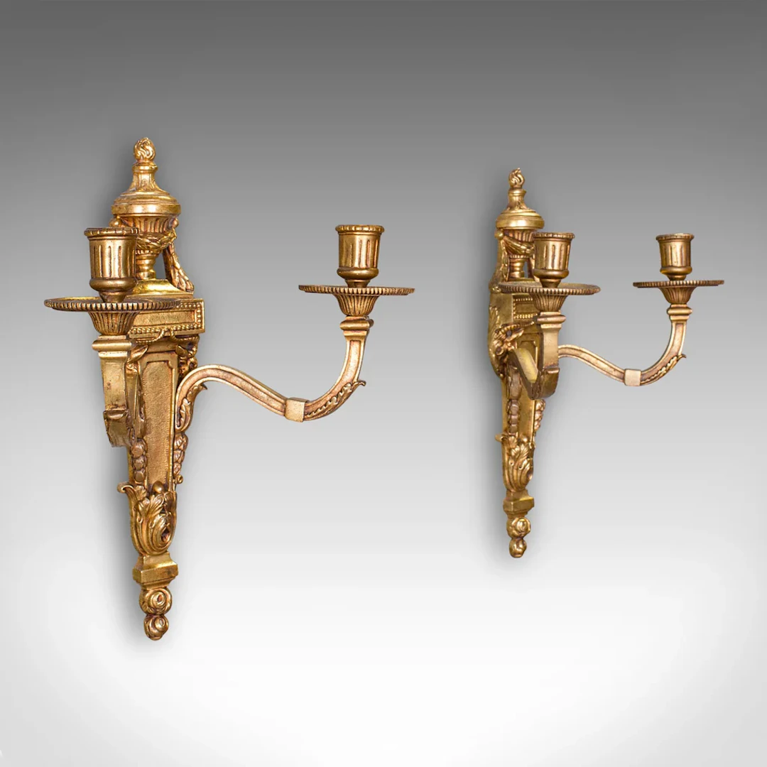 Pair of Antique Candle Sconces, Italian, Grand Tour Brass Wall Lights