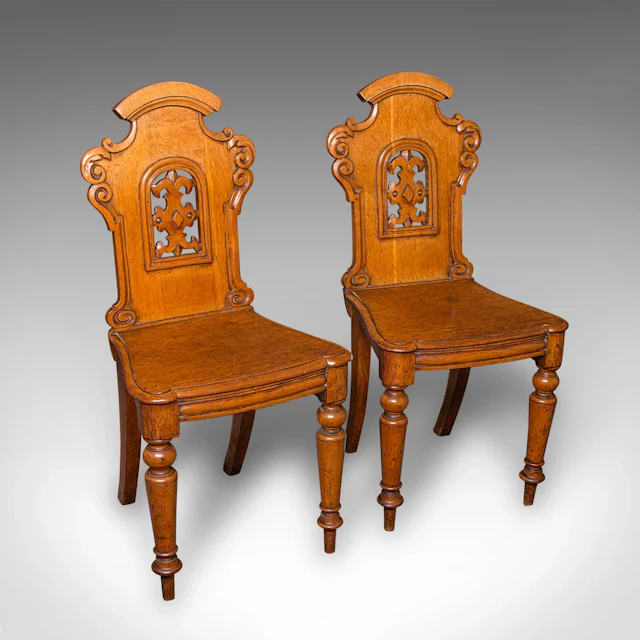 Pair of Antique Hall Chairs, Scottish, Oak, Reception Seats, Regency