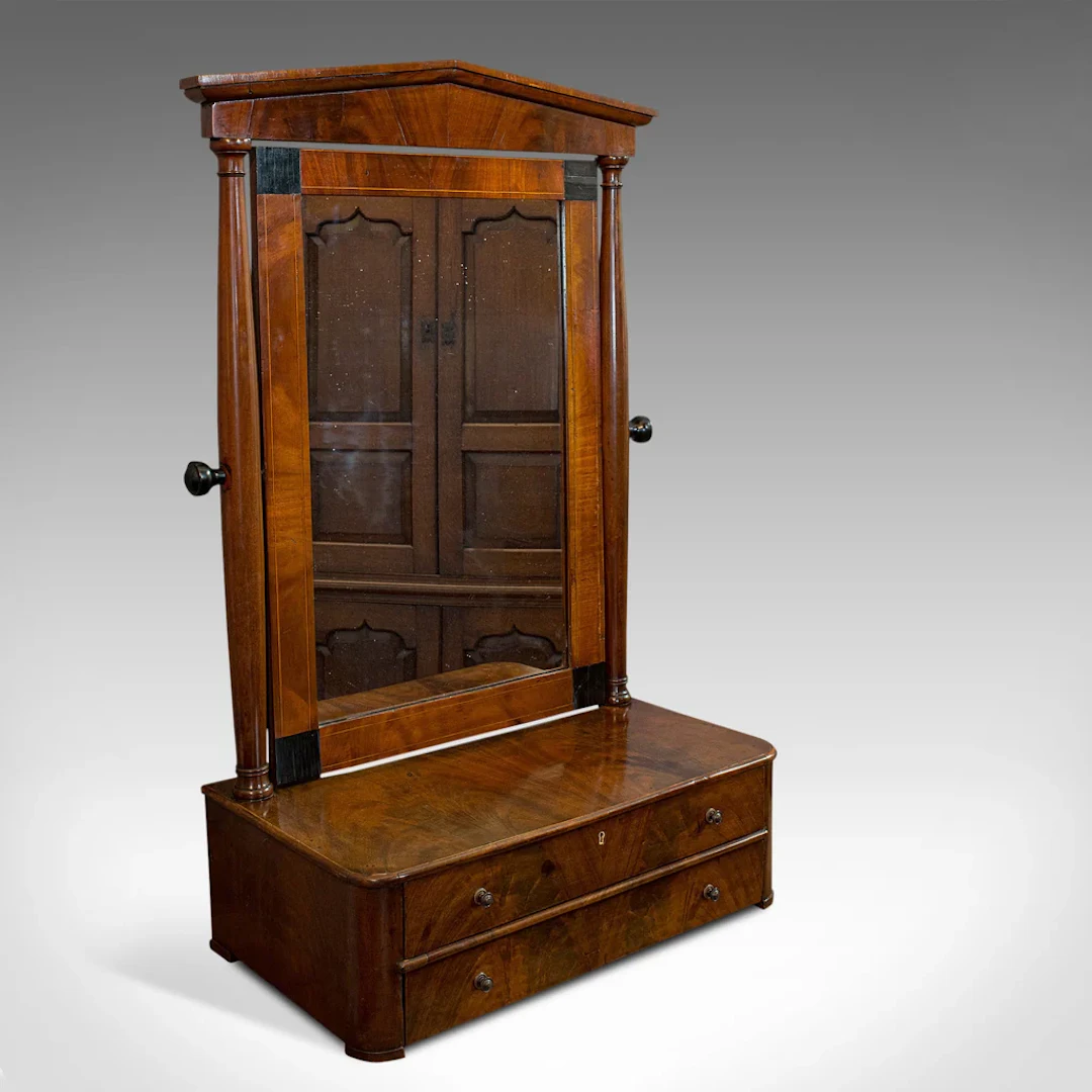 Antique Toilet Mirror, English, Walnut, Vanity, Empire Style, Victorian, C.1880