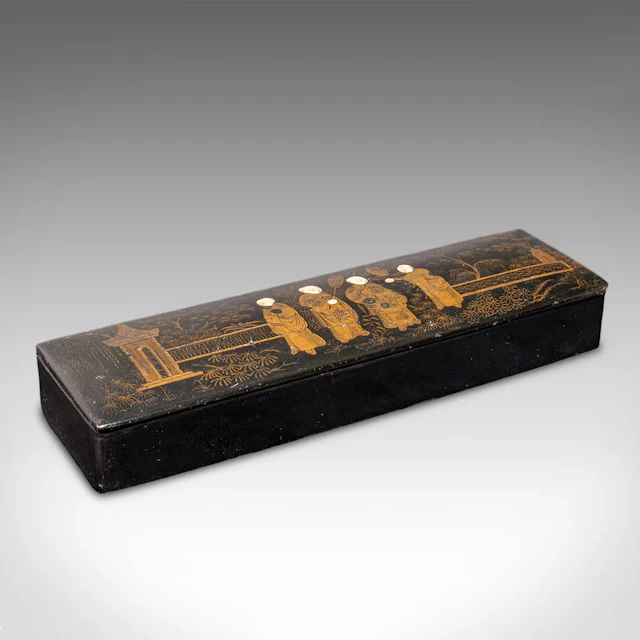 Antique Calligrapher's Pen Box, Lacquered, Quill Case, Chinoiserie, Victorian