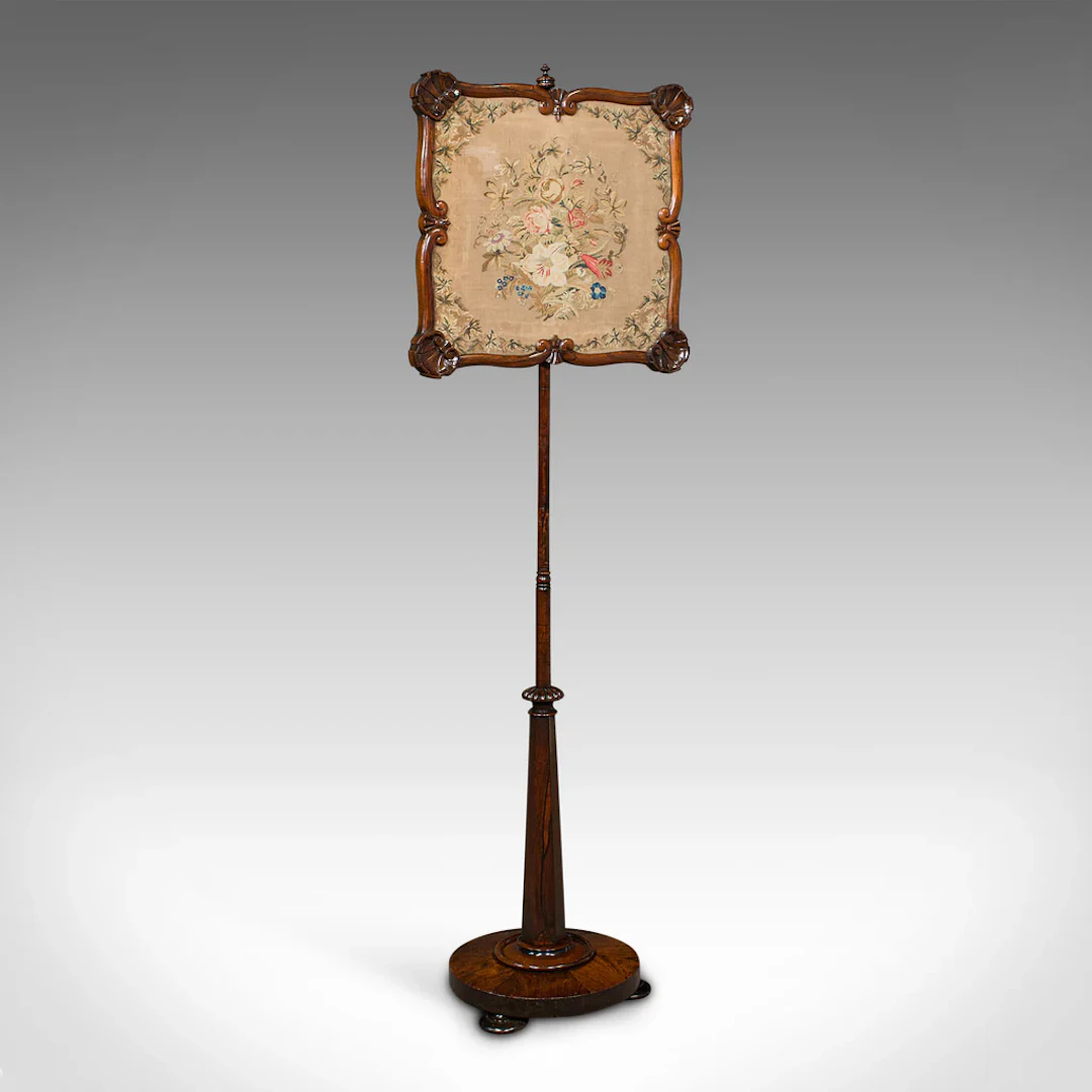 Antique Fireside Pole Screen, English, Needlepoint Tapestry, Adjustable