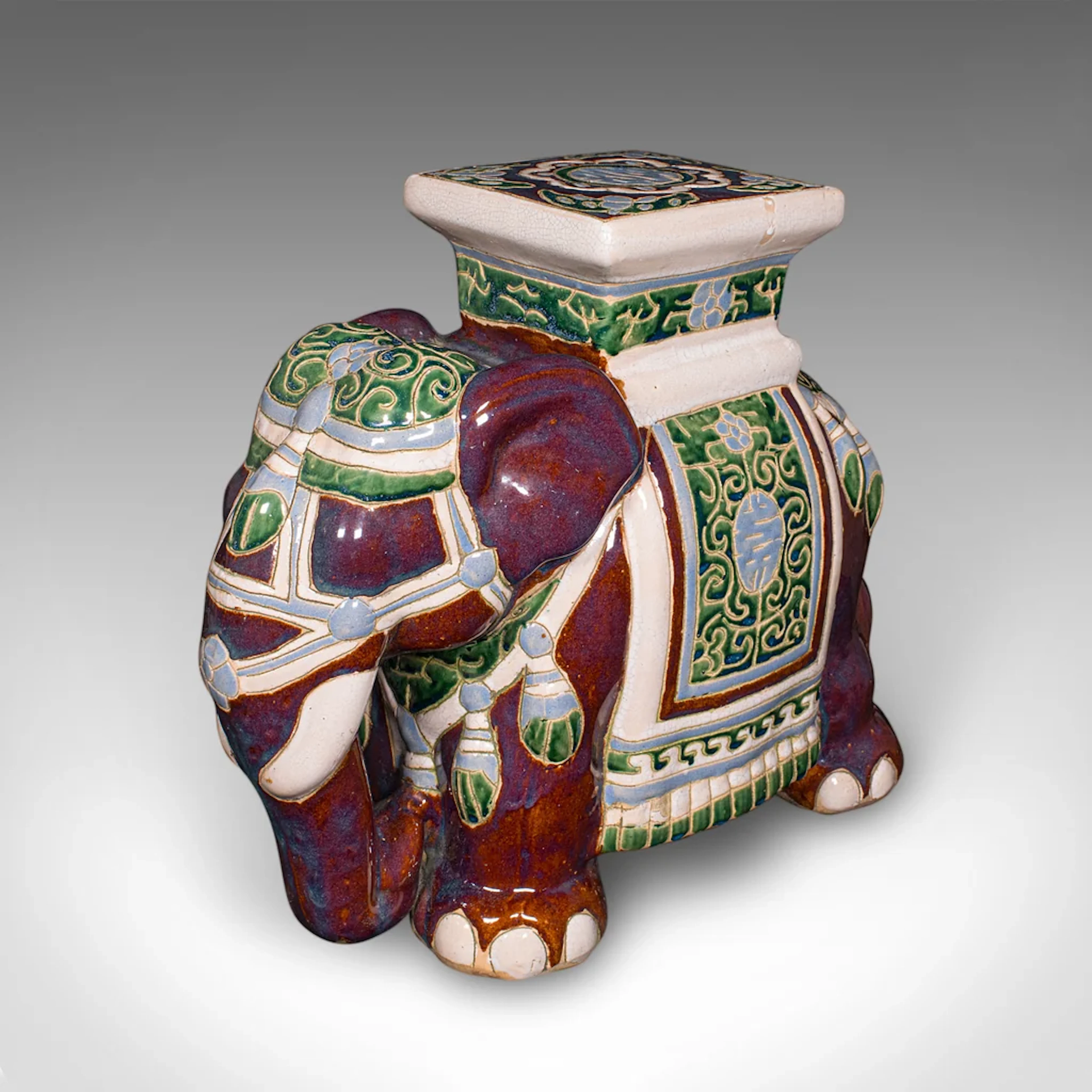 Vintage Elephant Planter Base, Oriental, Ceramic Jardiniere Stand, Mid Century