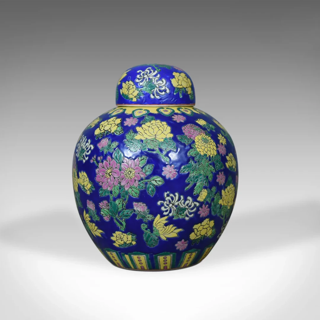 Vintage Oriental Ginger Jar, Large, Polychrome Ceramic, Mid to Late