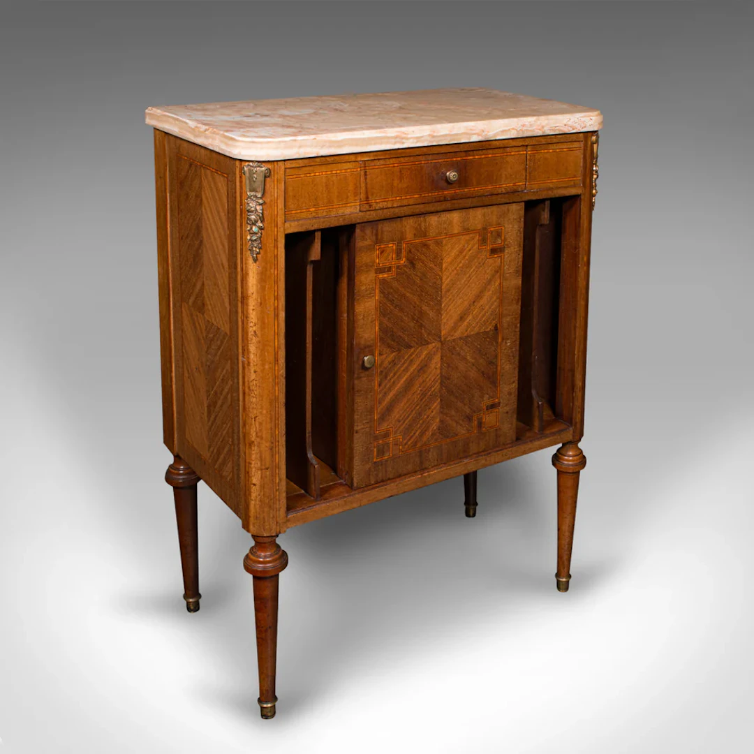 Antique Bedside Cabinet, French Kingwood, Marble, Nightstand Cupboard