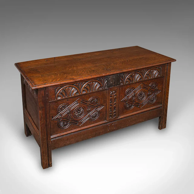 Large Antique Carved Coffer, English Oak, Blanket Chest, William III