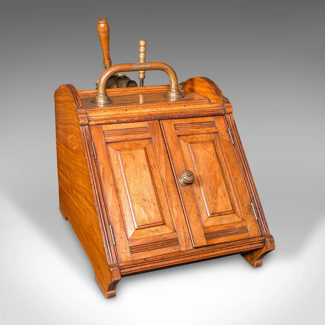 Antique Coal Purdonium, Scottish, Walnut, Brass, Fireside Fuel Store, Victorian
