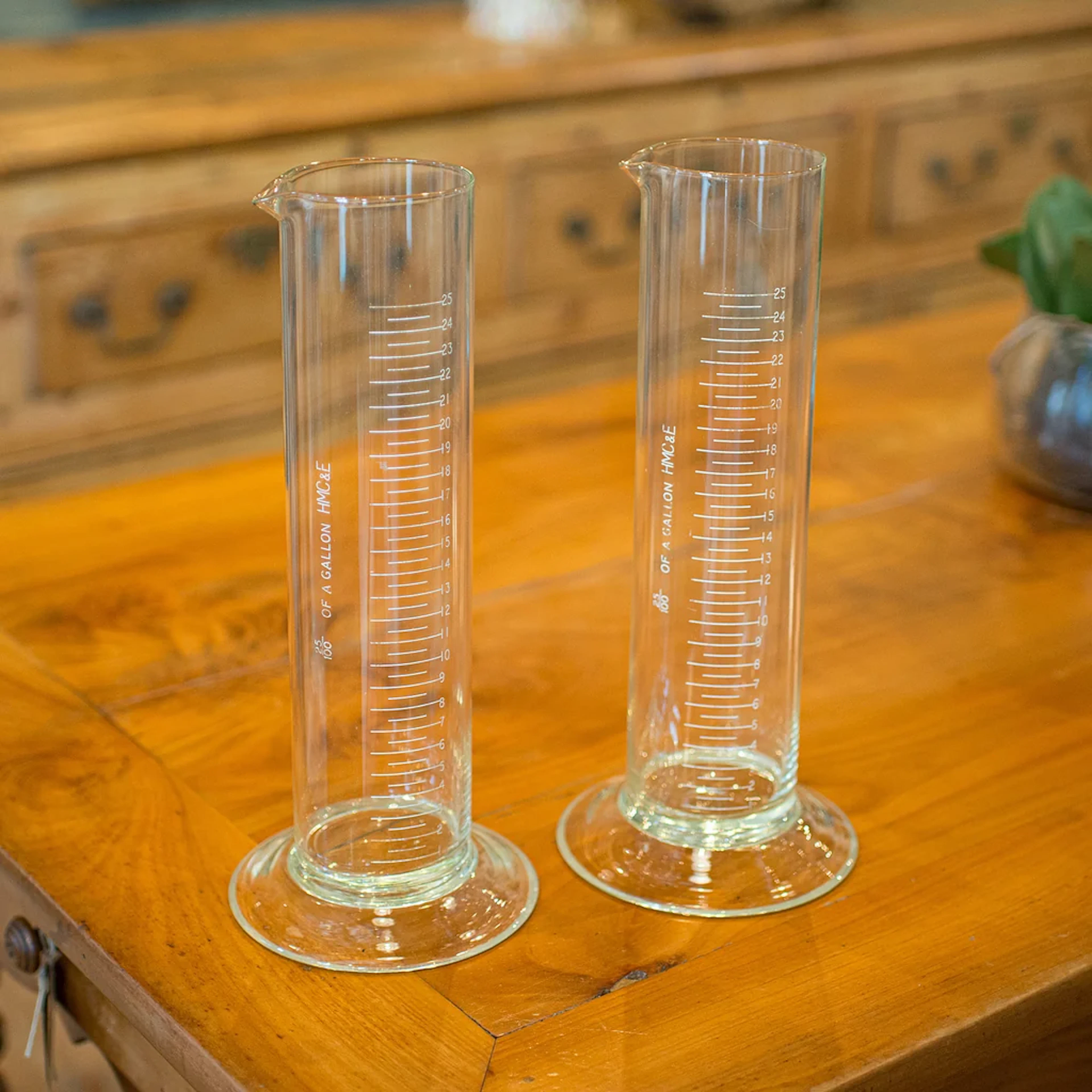 Pair of Antique Customs & Excise Measures, English, Etched Glass Beakers C.1920
